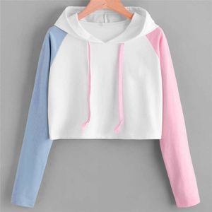 Blue Pink Color Block cropped hoodie